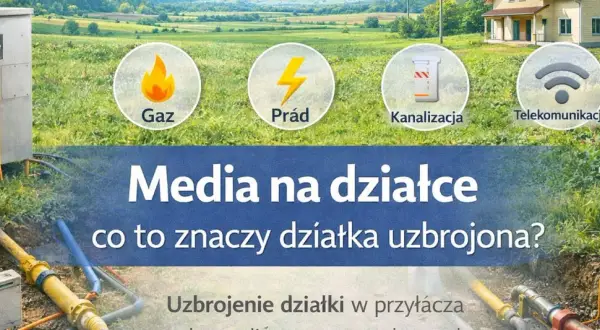 Działka uzbrojona co to znaczy? Obraz pokazuje przyłącza mediów: gazu, prądu, kanalizacji i telekomunikacji.