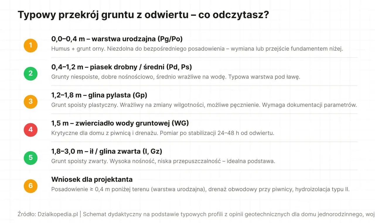 Przekrój gruntu: warstwa urodzajna, piasek, glina pylasta, zwierciadło wody, ił/glina zwarta. Różne rodzaje działek i ich charakterystyka.