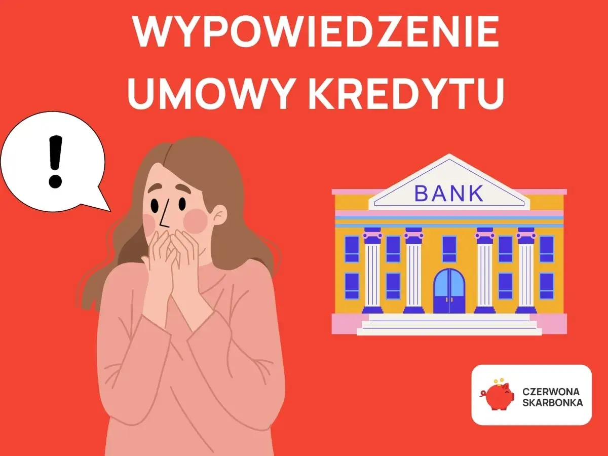 Zaskoczona kobieta z wykrzyknikiem w dymku obok banku. Temat: wypowiedzenie umowy kredytowej.
