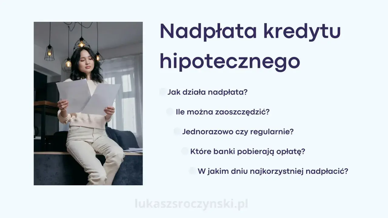 Kobieta analizuje dokumenty, zastanawiając się, jak splacić kredyt hipoteczny. Tekst obok wyjaśnia nadpłatę.