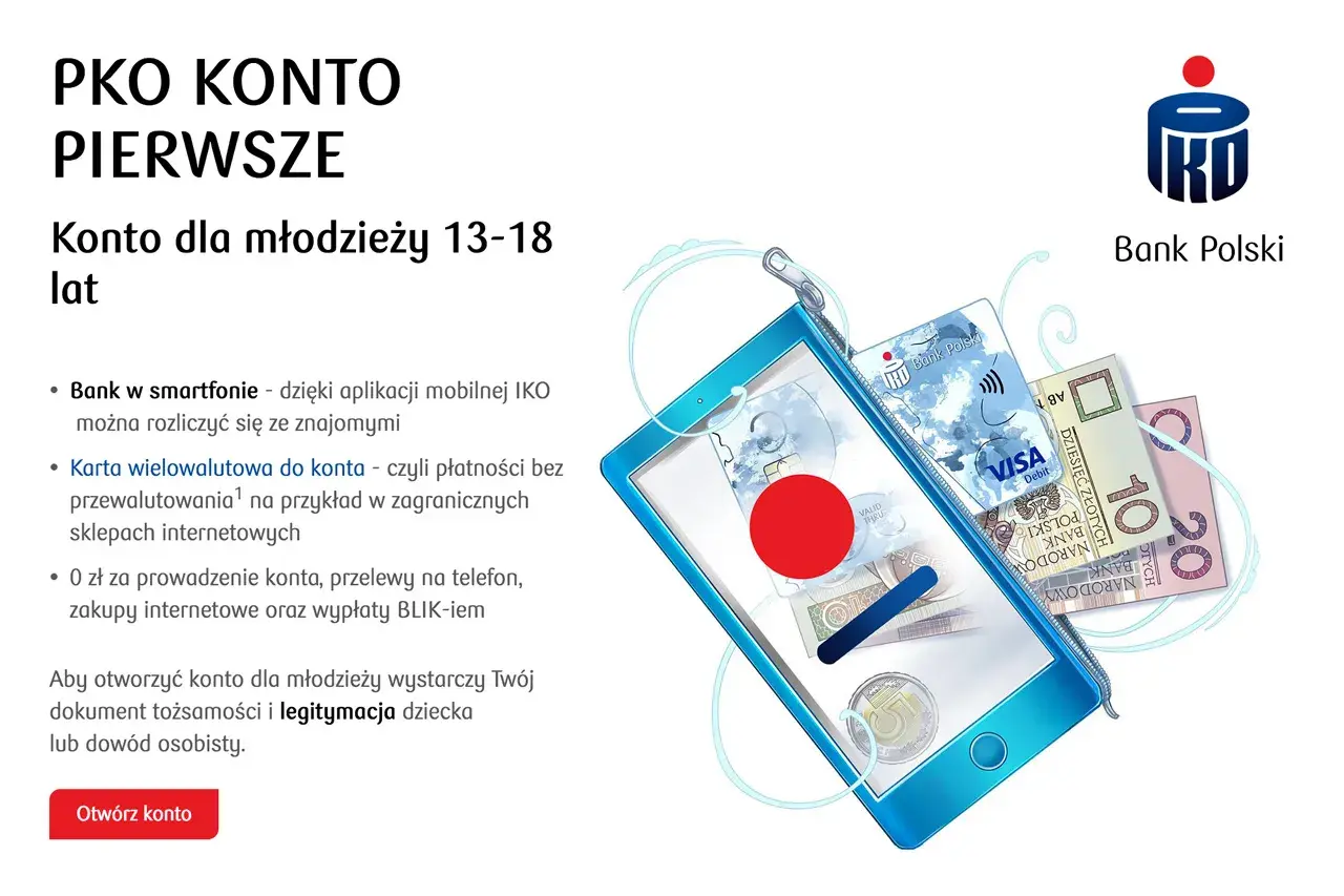 PKO Konto Pierwsze dla młodzieży 13-18 lat. Z kartą wielowalutową i aplikacją IKO, to autooszczędzanie PKO BP staje się proste.