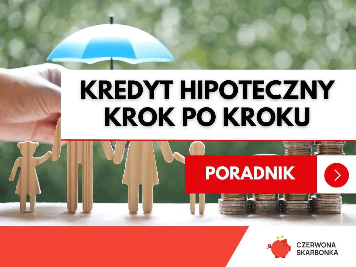 Drewniana rodzina pod parasolem, stosy monet i napis "Kredyt hipoteczny krok po kroku". Poradnik wyjaśnia etapy rozpatrywania wniosku o kredyt hipoteczny.