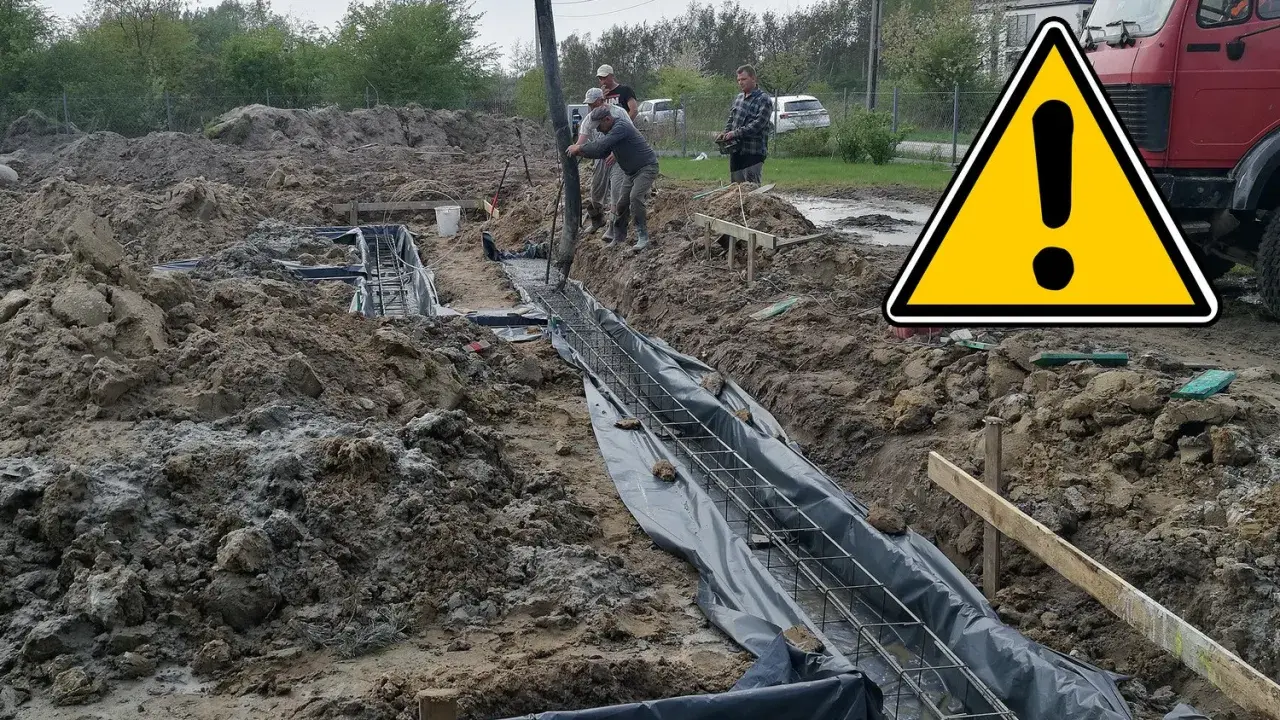 Budowa fundamentu bez ławy, wylewanego bezpośrednio do wykopu. Beton płynie z pompy do zbrojenia.