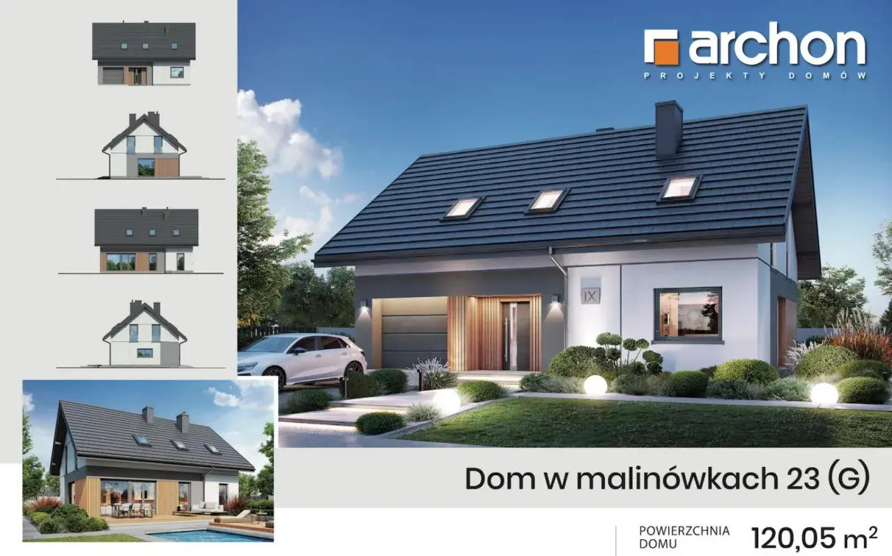 Wzór kosztorysu budowy domu: wizualizacja nowoczesnego domu z garażem, widok z przodu i z boku, projekt Archon.