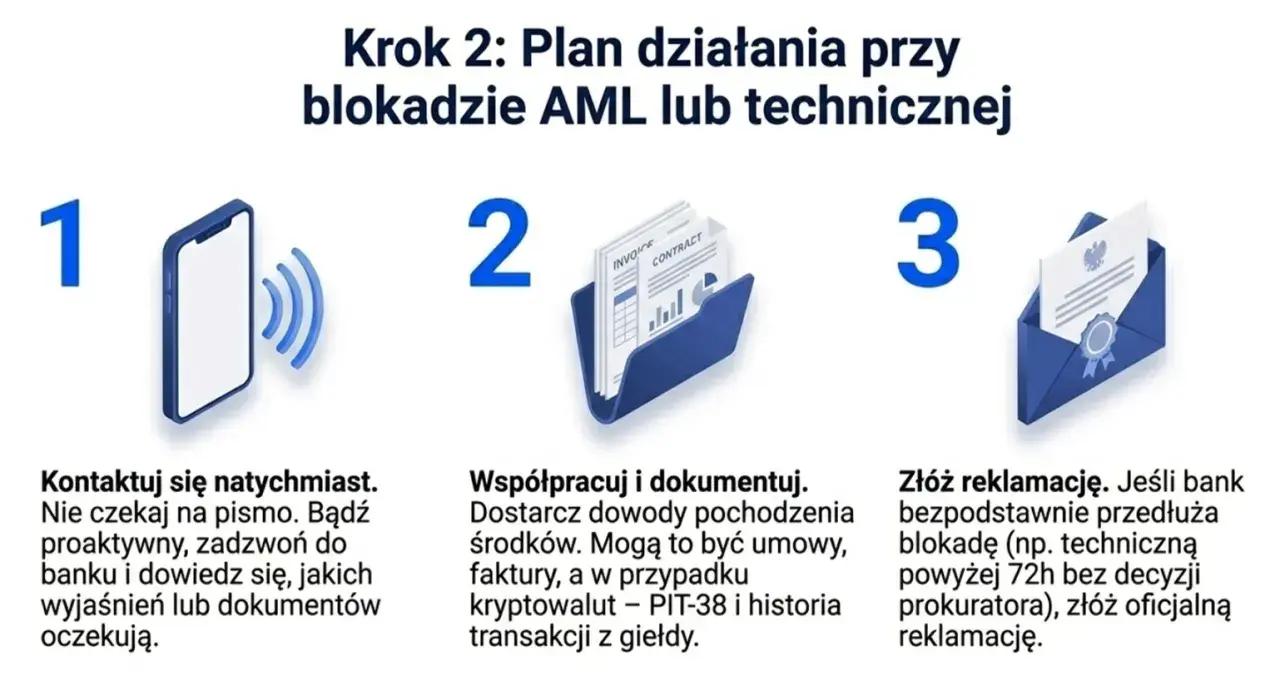 Krok 2: Plan działania przy blokadzie AML lub technicznej. 1. Kontaktuj się. 2. Współpracuj i dokumentuj. 3. Złóż reklamację. To wyjaśnia, co oznacza blokada transakcji.