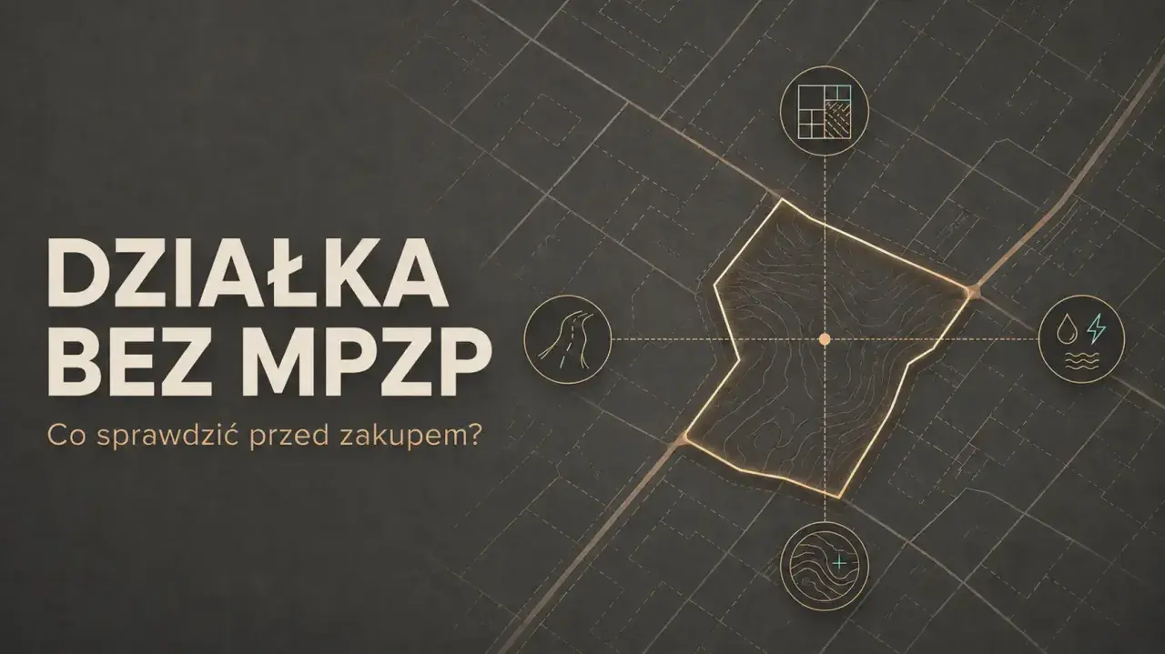 Działka bez MPZP: co sprawdzić przed zakupem? Mapa z ikonami drogi, mediów i planu zagospodarowania.