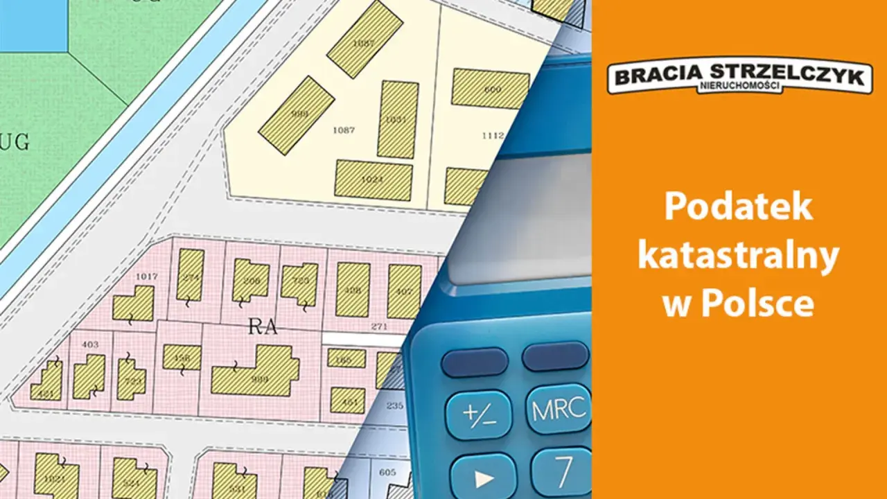 Mapa ewidencyjna i kalkulator symbolizują nowy podatek katastralny uchwalony w Polsce.