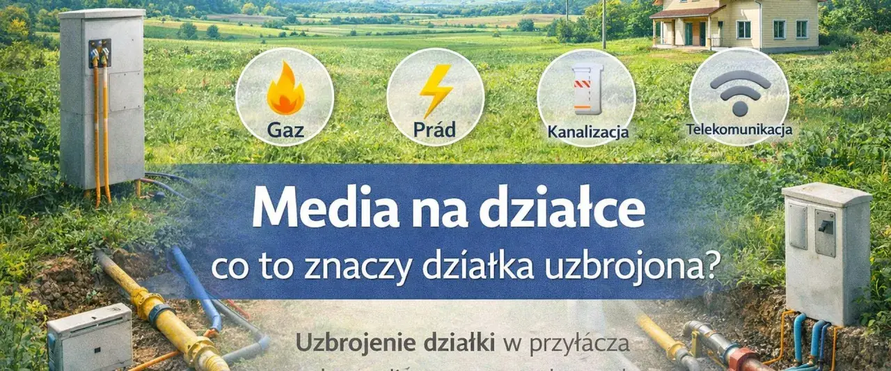 Działka uzbrojona co to znaczy? Obraz pokazuje przyłącza mediów: gazu, prądu, kanalizacji i telekomunikacji.