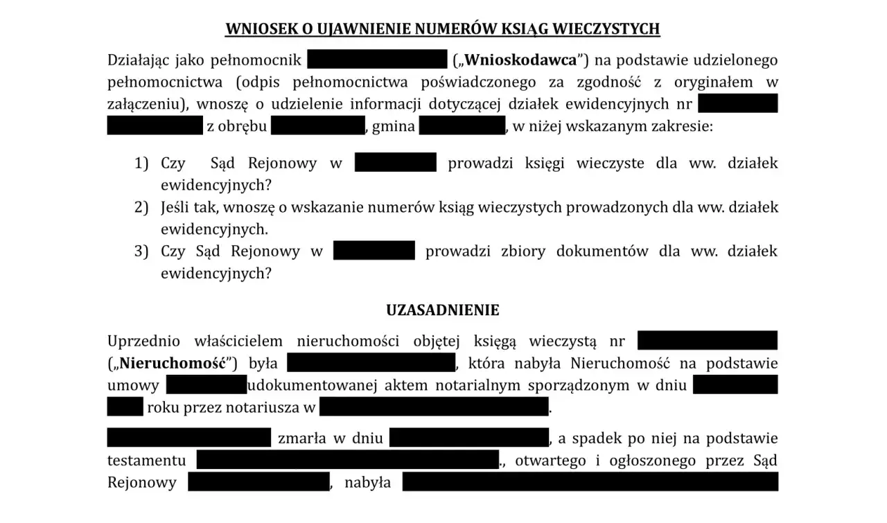 Wniosek o ujawnienie numer&oacute;w ksiąg wieczystych. Jak znaleźć numer księgi wieczystej? Dokument zawiera pytania do sądu o prowadzenie ksiąg wieczystych i zbior&oacute;w dokument&oacute;w.