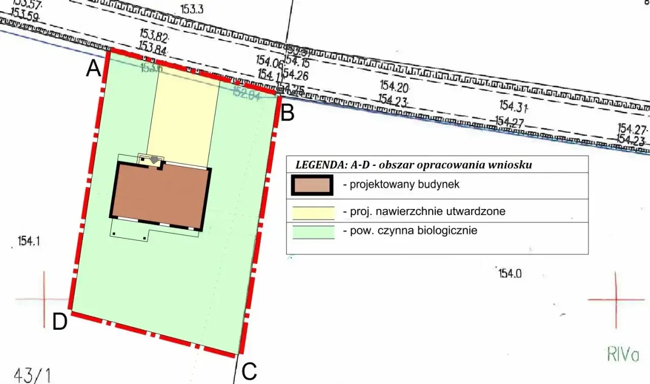 Plan sytuacyjny z zaznaczonym projektowanym budynkiem, nawierzchniami utwardzonymi i powierzchnią czynną biologiczną. Decyzja o warunkach zabudowy i zagospodarowania terenu.