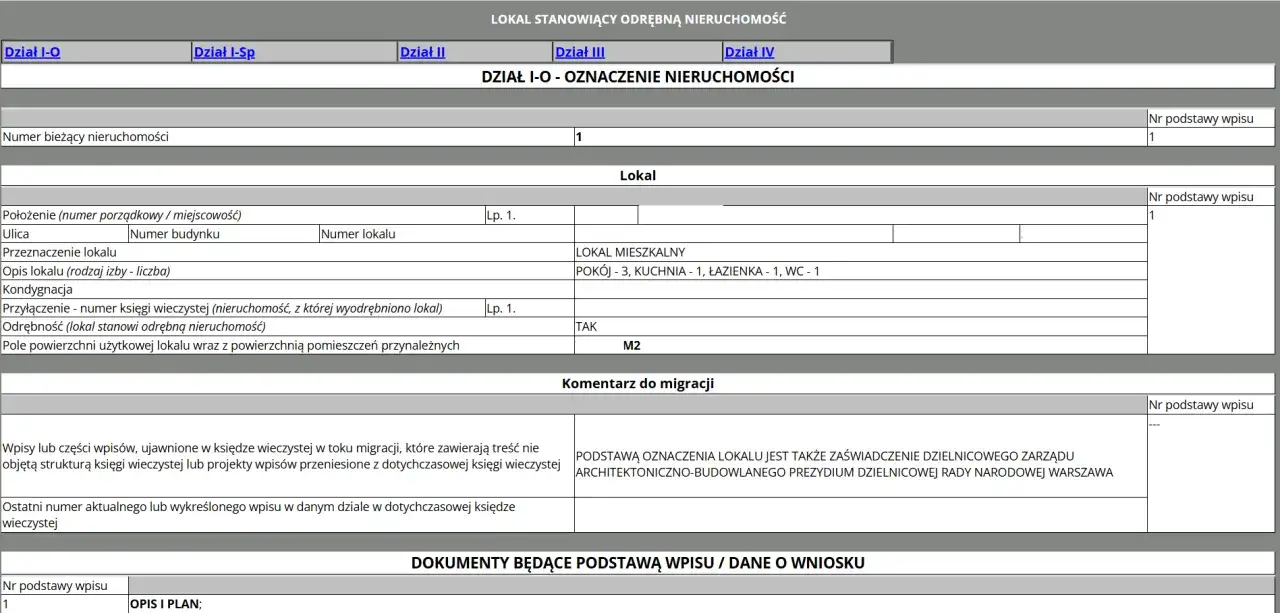 Fragment księgi wieczystej, dział I-O, opisujący lokal mieszkalny: 3 pokoje, kuchnia, łazienka, WC. To jest właśnie księga wieczysta co to.