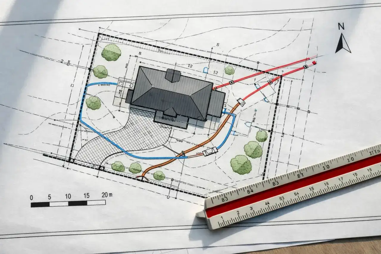 Projekt zagospodarowania terenu z dwoma domami na jednej działce. Widoczny plan z zaznaczonymi budynkami, drogami i instalacjami.