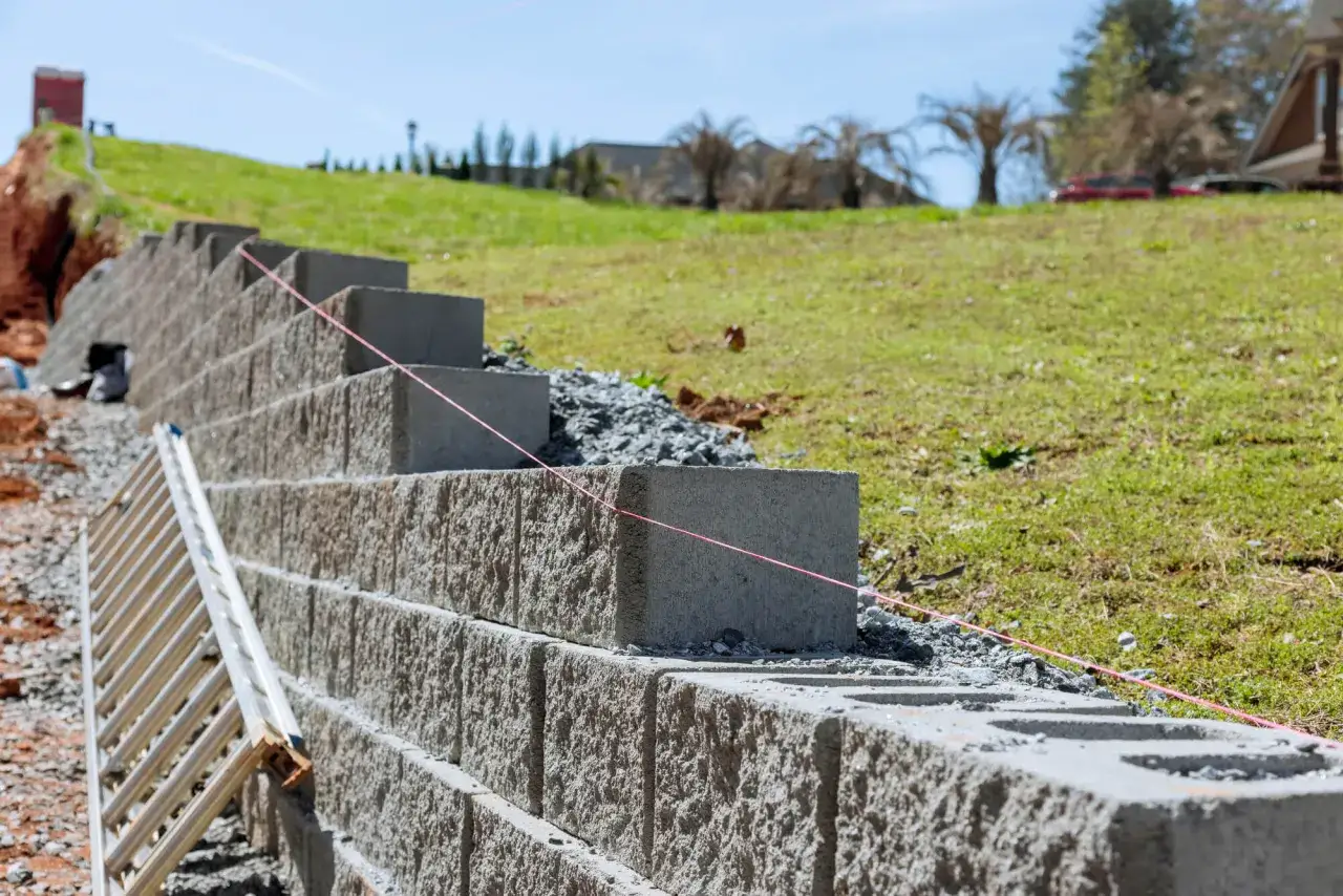 Budowa murek oporowy na skarpie. Betonowe bloki układane są warstwami, tworząc stabilną konstrukcję.