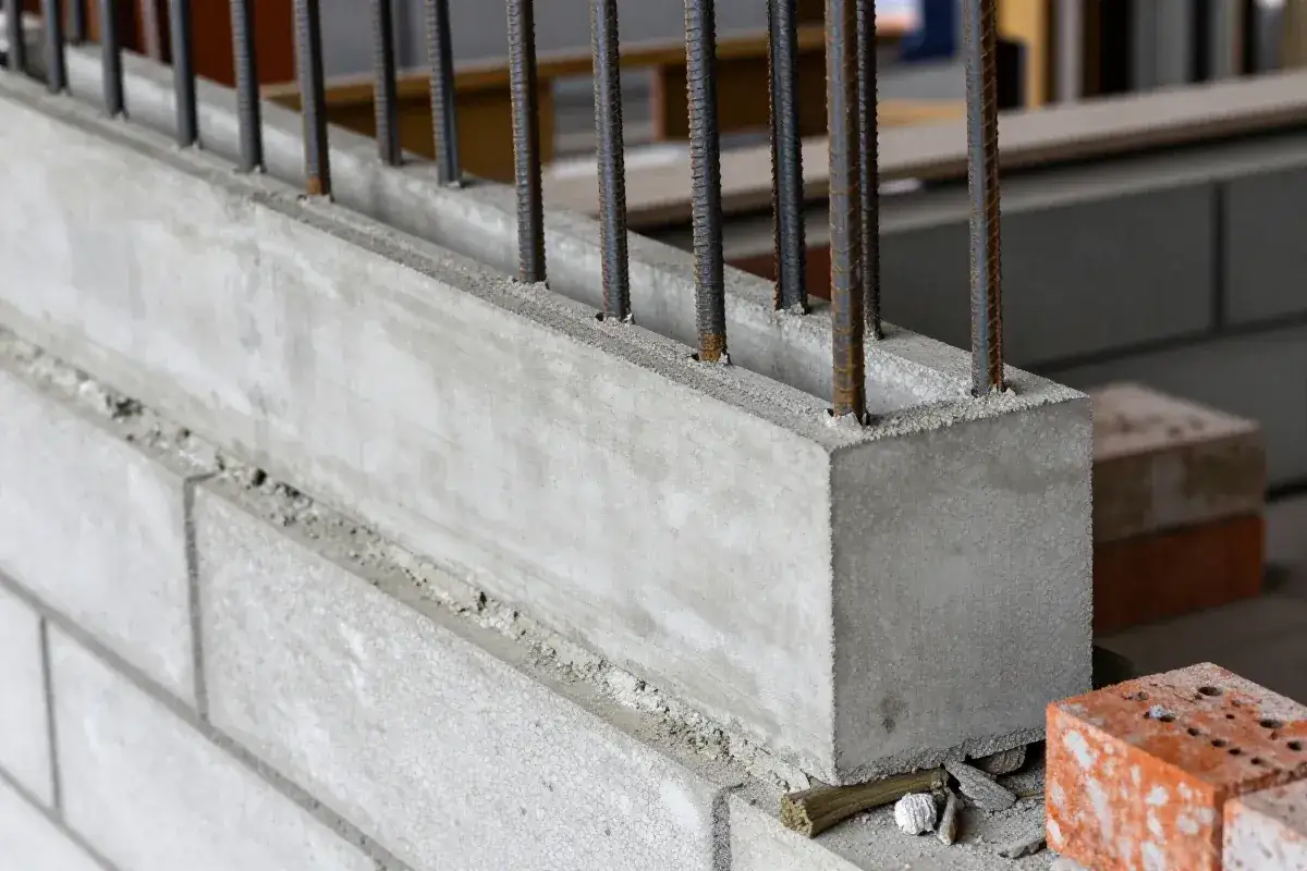 Betonowe pustaki zbrojone stalowymi prętami tworzą wieniec stropowy, fundament przyszłego domu.