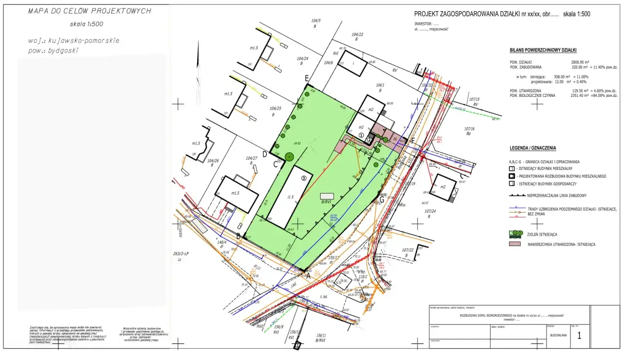 Projekt zagospodarowania terenu z zaznaczonymi budynkami, zielenią i infrastrukturą.