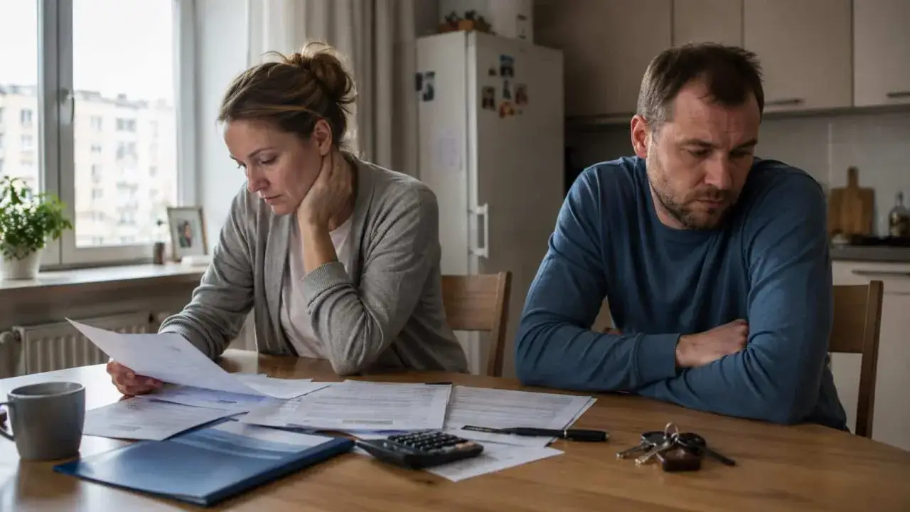 Para zmartwiona analizuje dokumenty. Rozw&oacute;d a kredyt hipoteczny &ndash; trudne decyzje finansowe.