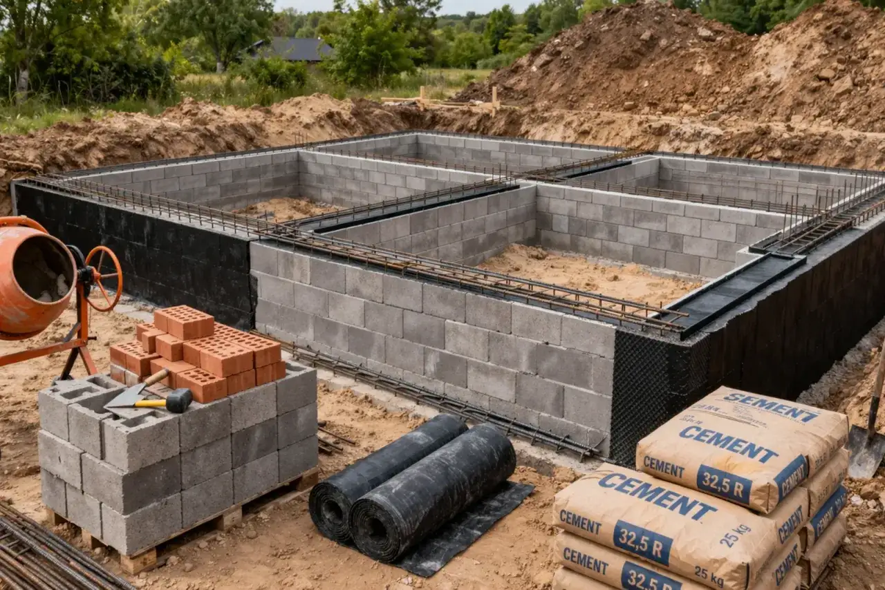Fundamenty budynku w stanie zero. Betonowe bloki, zbrojenie i materiały budowlane, jak cement i folia, czekają na dalsze prace.