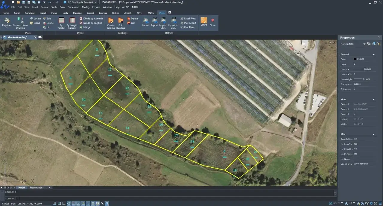Mapa z naniesionymi numerami działek, przygotowany do scalenie działek. Widoczne linie podziału i numery od 6 do 21.