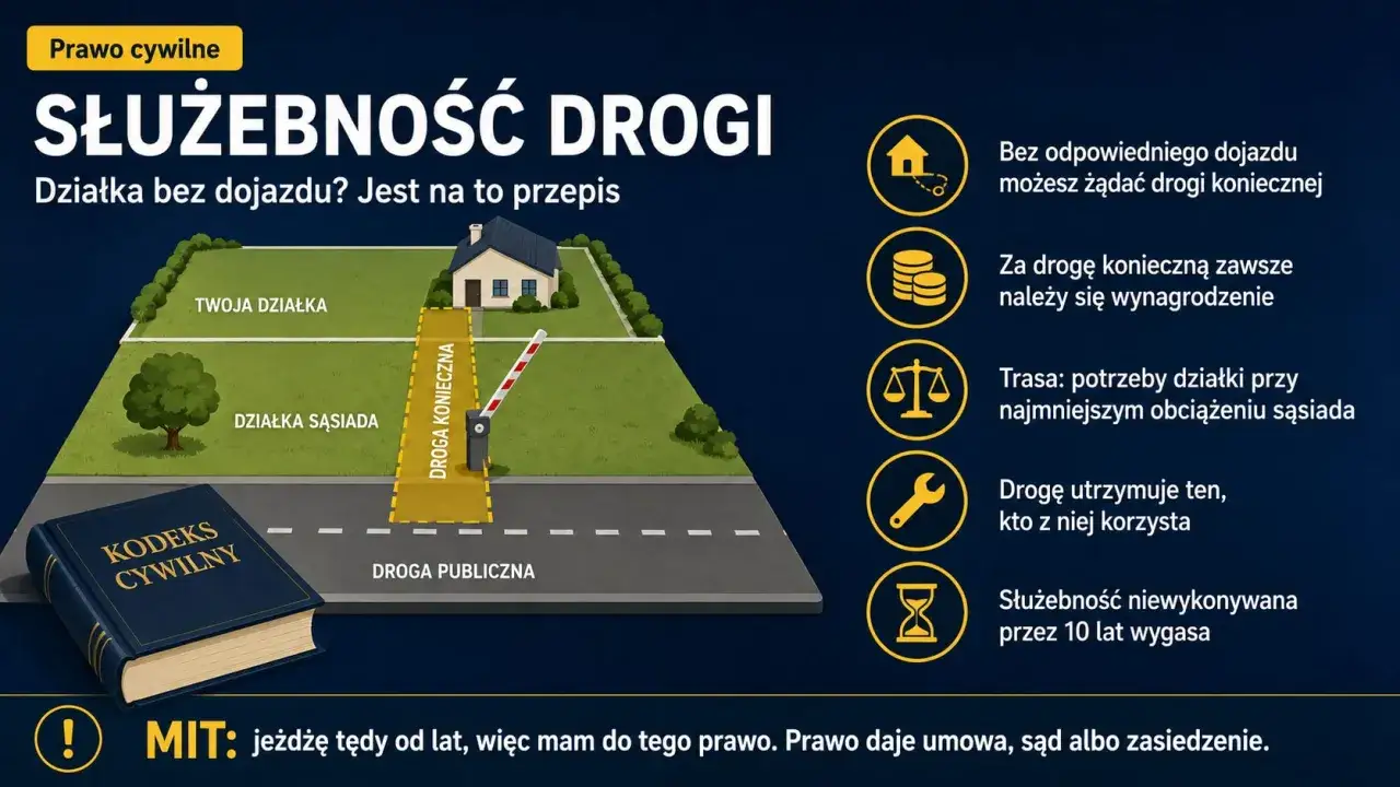 Ilustracja wyjaśnia służebność drogi koniecznej dla działki bez dojazdu. Pokazuje drogę przez posesję sąsiada, prawo do przejazdu i obowiązek wynagrodzenia.