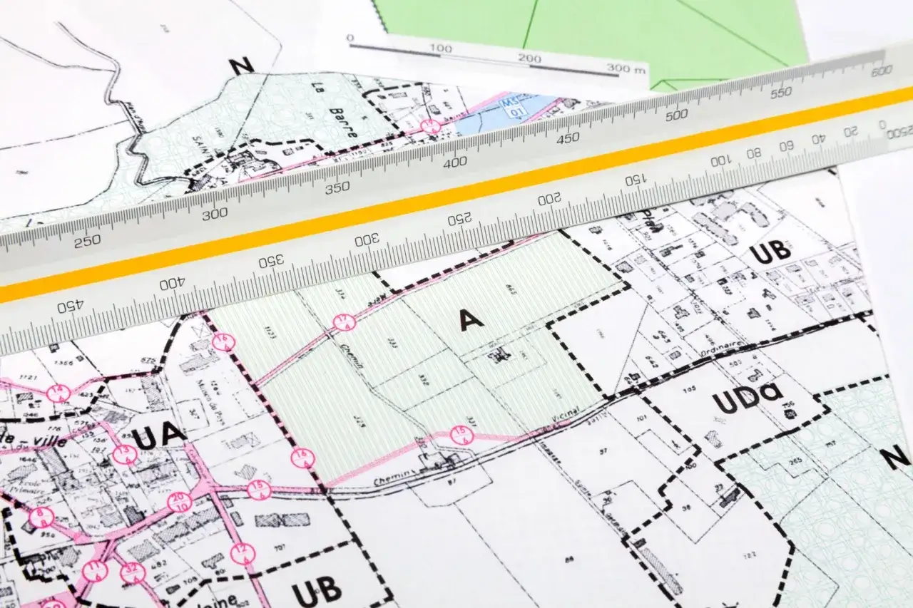Plany miejscowe (mpzp) to szczeg&oacute;łowe mapy urbanistyczne. Na zdjęciu widać fragmenty takich map z naniesionymi działkami i liniami, a także linijkę geodezyjną.