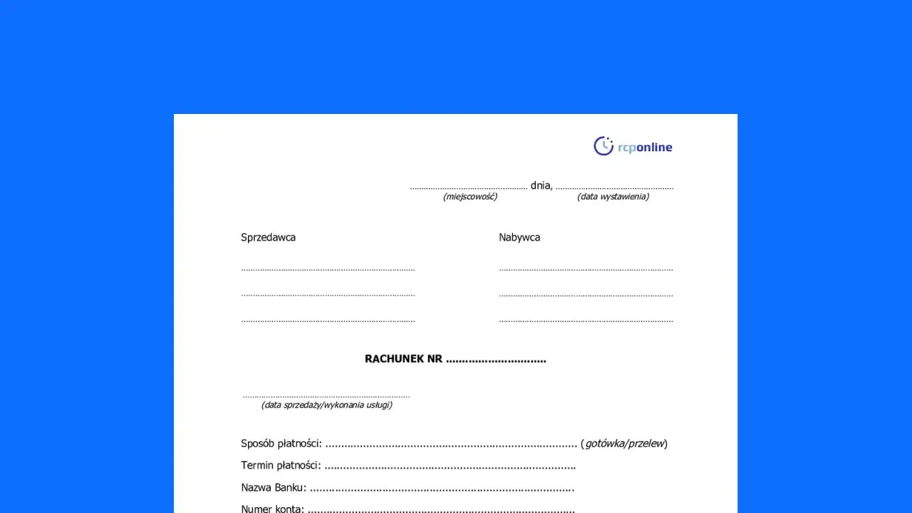 Formularz rachunku z polami do wypełnienia dla sprzedawcy i nabywcy. Czy trzeba mieć konto firmowe do jego wystawienia?