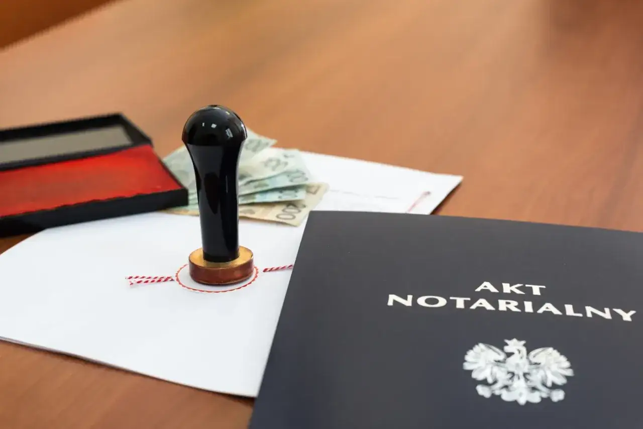 Akt notarialny, pieczęć i pieniądze na biurku. Zastanawiasz się, ile trwa wpis do księgi wieczystej?