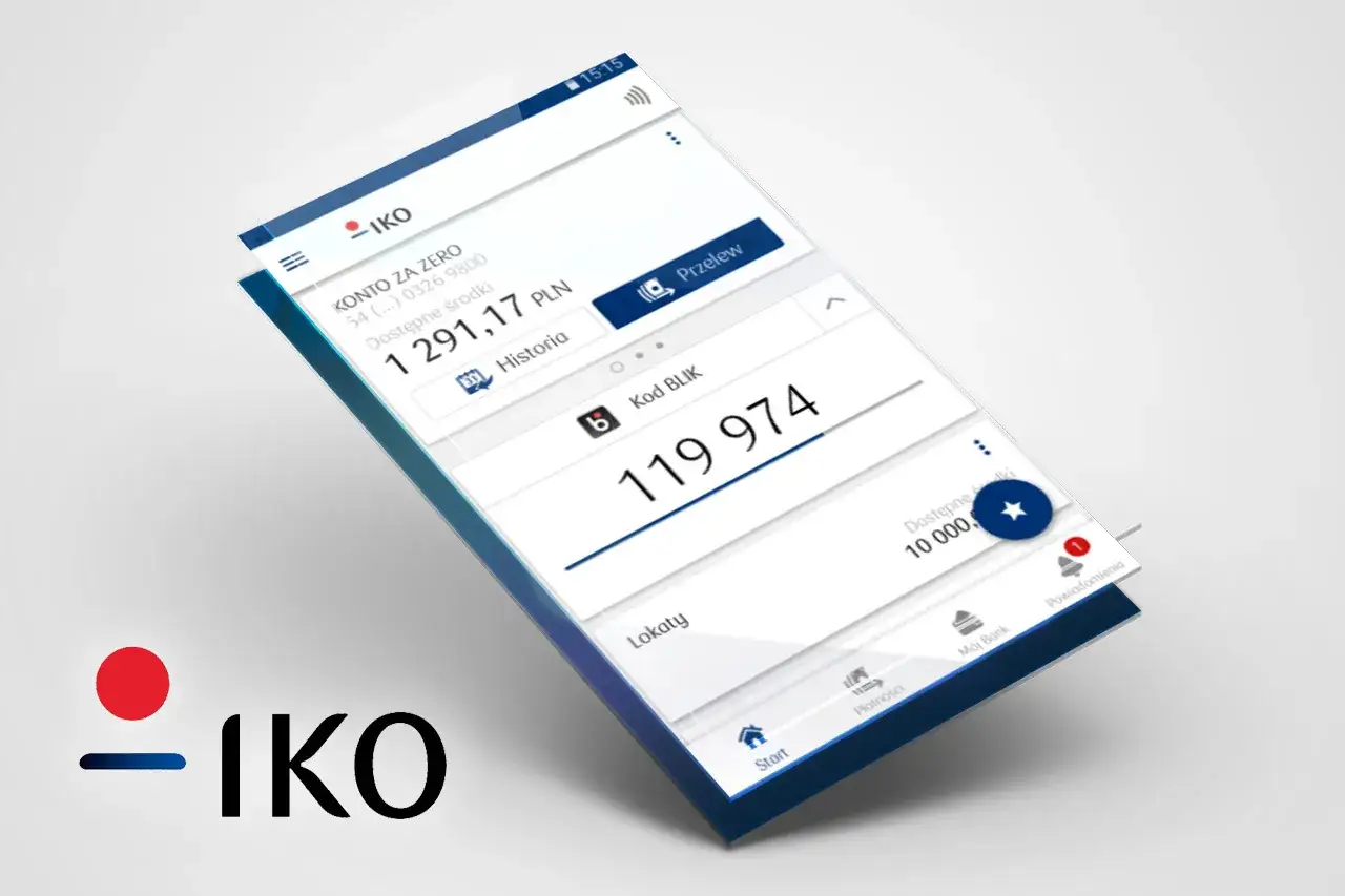 Aplikacja IKO pokazuje stan konta i kod BLIK. Widoczny jest też przycisk 