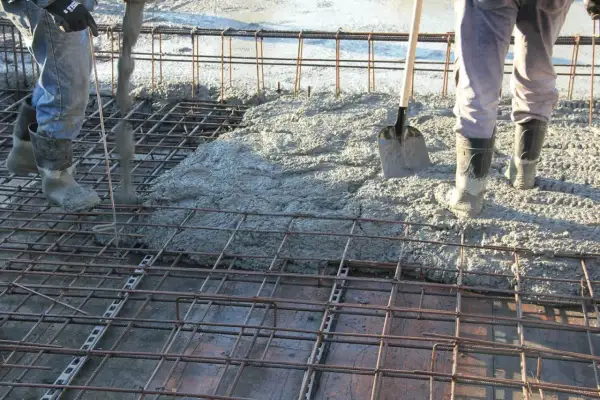 Betonowanie stropu. Widać zbrojenie i wylewaną masę. Trudno oszacować, ile stali na 100m2 stropu, ale praca wre.