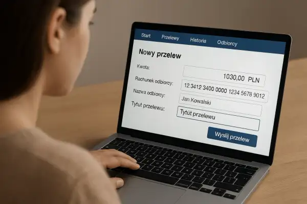 Kobieta wypełnia formularz przelewu na laptopie. Wpisuje kwotę, numer rachunku, nazwę odbiorcy i tytuł przelewu. Przykłady tytułów przelewów mogą być różne, np. "Opłata za czynsz" lub "Zwrot pożyczki".