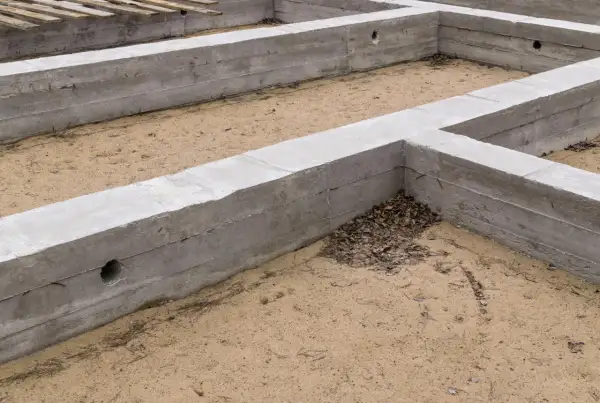 Fundamenty budynku w stanie zero, betonowe ściany fundamentowe tworzą zarys przyszłego domu na piaszczystym podłożu.