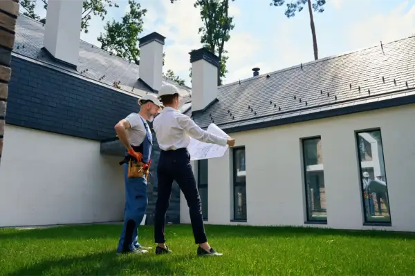Architekt i budowlaniec omawiają plany przed nowoczesnym domem w budowie. Mieszkanie w domu bez odbioru to wyzwanie, ale i szansa na stworzenie wymarzonego wnętrza.