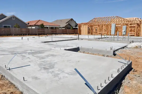 Fundamenty domu w budowie. Widać betonową płytę, zbrojenie i elementy instalacji. W tle drewniana konstrukcja domu. To dopiero początek, ale już widać, że będzie to solidny chudziak.