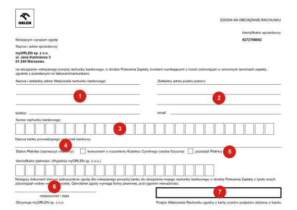 Formularz zgody na obciążanie rachunku bankowego w drodze Polecenia Zapłaty. Dokument ten jest podstawą do automatycznego pobierania środków.