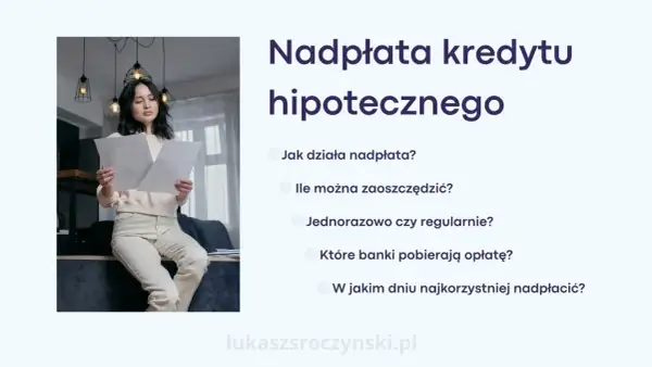 Kobieta analizuje dokumenty, zastanawiając się, jak splacić kredyt hipoteczny. Tekst obok wyjaśnia nadpłatę.