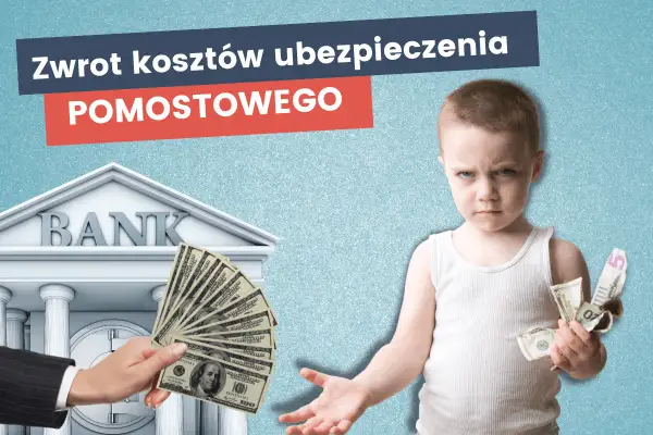 Chłopiec z pieniędzmi w ręku patrzy na bank, gdzie ręka oferuje zwrot kosztów ubezpieczenia pomostowego.