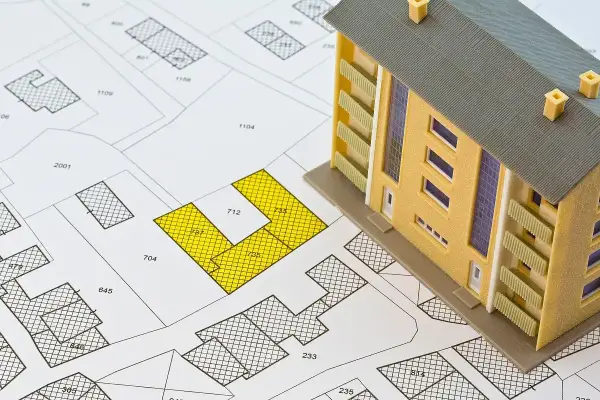 Model budynku na mapie działek. Żółte pola wskazują obszar, który może być objęty podatkiem katastralnym.