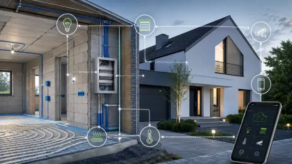 Schemat instalacji inteligentny dom okablowanie. Widok przekroju domu w budowie z instalacją grzewczą i elektryczną, połączony z gotowym budynkiem i aplikacją na smartfonie.