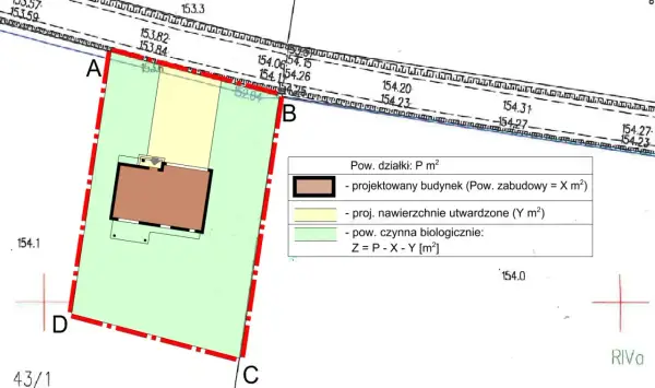 Plan działki z zaznaczonym projektowanym budynkiem, jego wskaźnik powierzchni zabudowy (X m²) oraz powierzchnie utwardzone (Y m²).